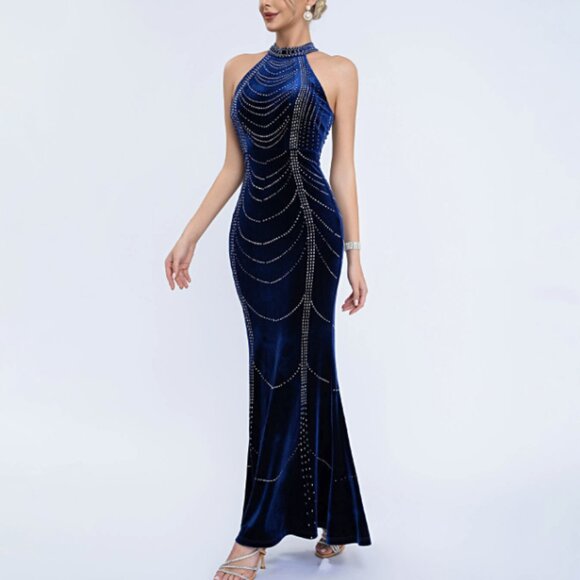 Navy Blue Velvet Halter Gown Rhinestone Chain Cascade Mermaid Prom Dress - Picture 1 of 4